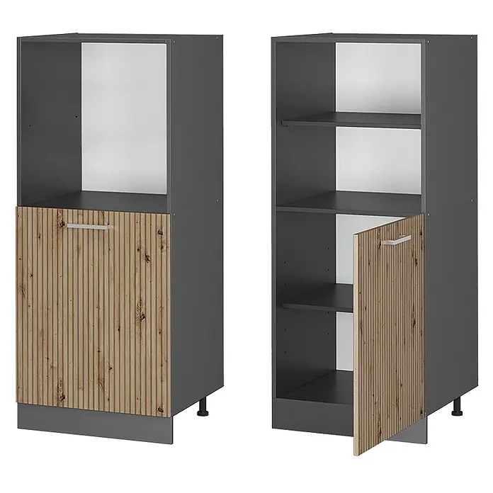 Vicco Schrankküche R-Line Artisan-Eiche - Artisan-Eiche, Backofenumbauschrank 60 cm (halb) - Zwei dunkelgraue Küchenschränke mit hellen Holzfronten, gerillten Türen/Paneelen, einer oben offen, der andere mit Regalen.