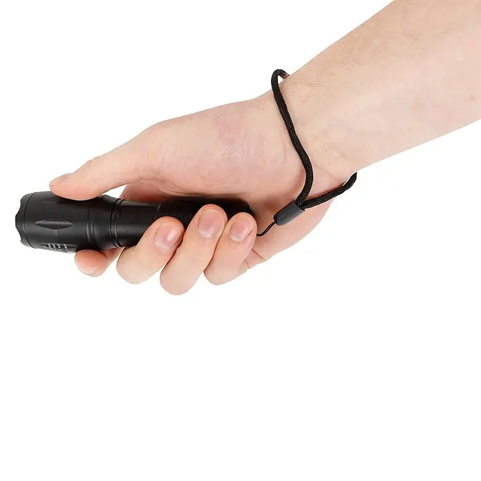 Taschenlampe Stablampe TYZON - Batteriebetrieben, Schwarz, 300 lm - Hand hält schwarze Taschenlampe mit Handschlaufe.