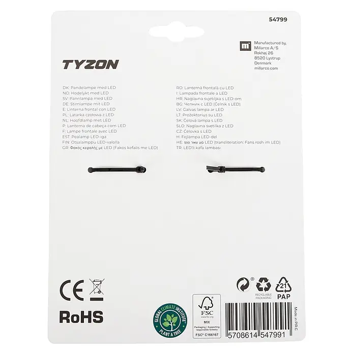Stirnlampe TYZON mit LED-Lichtband - 35 lm - 283 lm - Schwarze LED-Stirnlampe auf Verpackung.