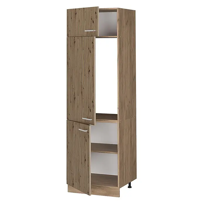 Vicco Schrankküche R-Line Artisan-Eiche - Artisan-Eiche, Kühlumbauschrank 60 cm - Hoher Schrank aus hellem Holz mit gerippten Türen, silbernen Griffen und offenen Fächern. Inklusive zentraler Gerätenische.