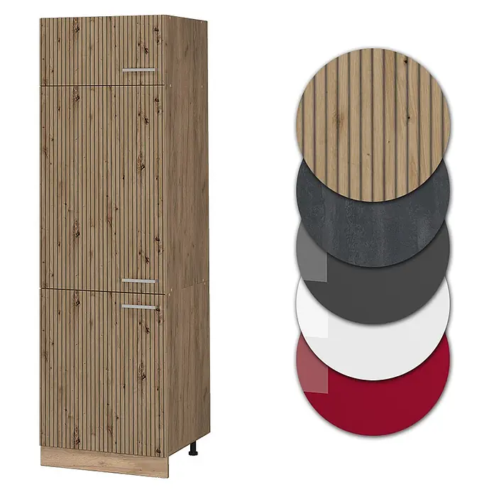 Vicco Schrankküche R-Line Artisan-Eiche - Artisan-Eiche, Kühlumbauschrank 60 cm - Hoher Schrank mit geriffelten Holzoptik-Türen. Farbmuster zeigen Holz, Dunkelgrau, Grau, Weiß und Rot.
