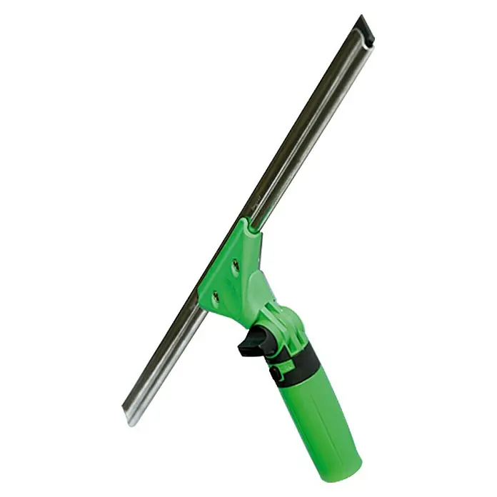 Unger Professional Fenster-Wischer ErgoTec SwivelLoc - Breite: 35 cm, Kunststoff/Gummi/Aluminium - Abbildung eines Fensterwischers mit grünem Griff und silberner Klinge.