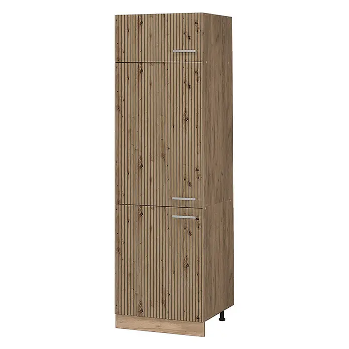 Vicco Schrankküche R-Line Artisan-Eiche - Artisan-Eiche, Kühlumbauschrank 60 cm - Hoher Holzschrank mit geriffelten Türen und silbernen Griffen.