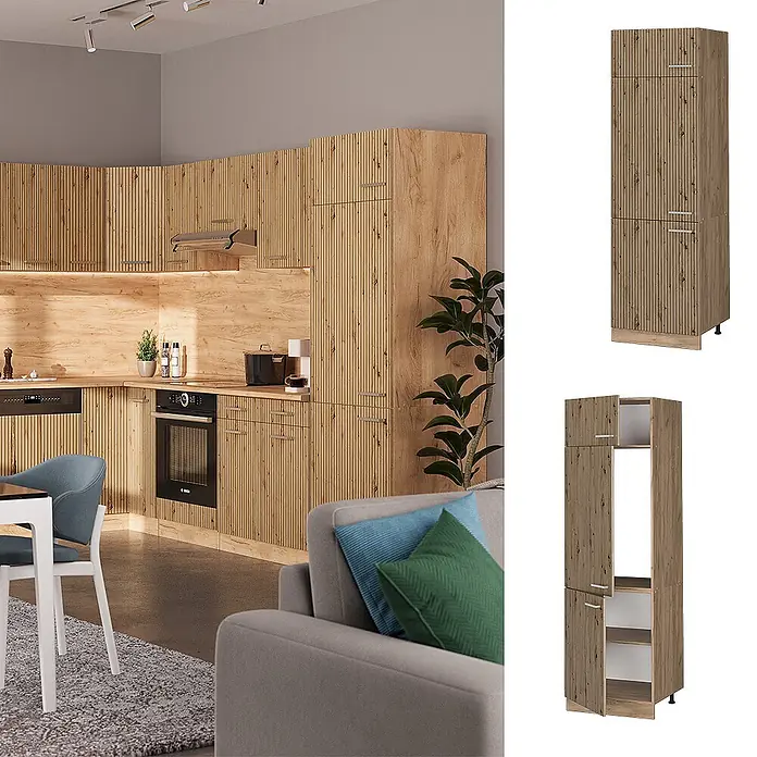 Vicco Schrankküche R-Line Artisan-Eiche - Artisan-Eiche, Kühlumbauschrank 60 cm - Moderne Küche mit gerippten Holzoptik-Schränken und Einbaugeräten; ein Hochschrank ist ebenfalls abgebildet.