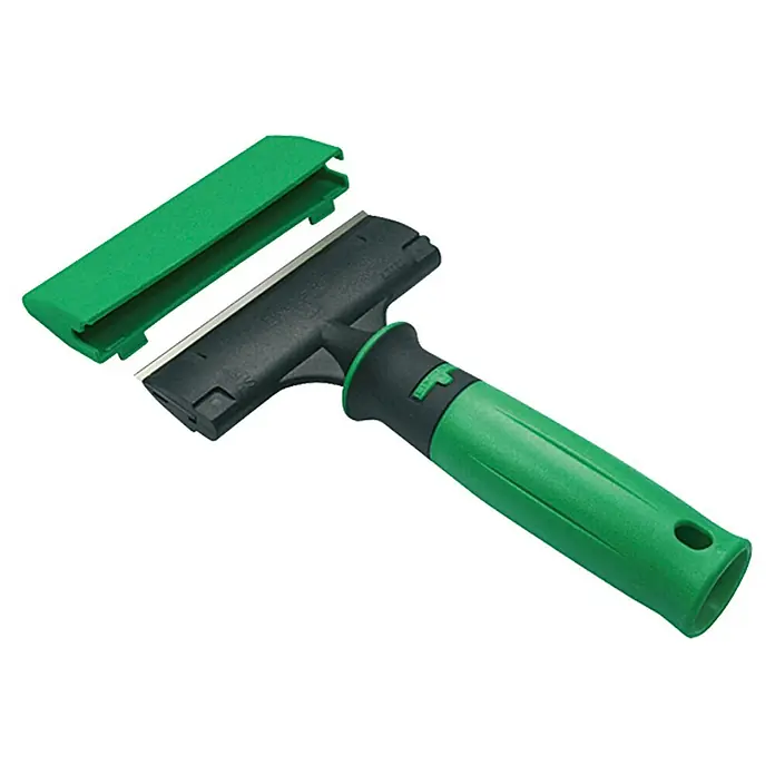 Unger ErgoTec Glasschaber - Breite: 10 cm - Ein grüner Glasschaber mit schwarzem Griff und abnehmbarer Klingenschutzabdeckung, der sich ideal für Reinigungsarbeiten eignet.