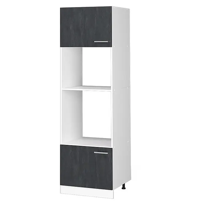 Vicco Schrankküche R-Line Schwarz Beton ohne Arbeitsplatte - Schwarz Beton, Mikrowellenumbauschrank 60 cm - Hoher weißer Aufbewahrungsschrank mit zwei dunkelgrauen Strukturtüren und zwei offenen Regalfächern.
