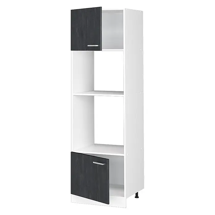 Vicco Schrankküche R-Line Schwarz Beton ohne Arbeitsplatte - Schwarz Beton, Mikrowellenumbauschrank 60 cm - Hohes weißes Regal mit zwei dunkelgrauen Türen in Holzoptik und offenen Fächern.