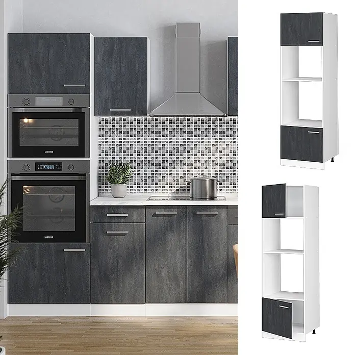 Vicco Schrankküche R-Line Schwarz Beton ohne Arbeitsplatte - Schwarz Beton, Mikrowellenumbauschrank 60 cm - Dunkelgraue Küchenschränke mit integrierten Öfen und hohem weißen Hochschrank mit dunkelgrauen Türen.