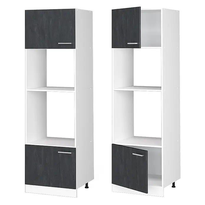 Vicco Schrankküche R-Line Schwarz Beton ohne Arbeitsplatte - Schwarz Beton, Mikrowellenumbauschrank 60 cm - Zwei hohe weiße Regale mit dunkelgrauen Schranktüren und offenen Fächern, eines mit geschlossenen, eines mit offenen Türen.