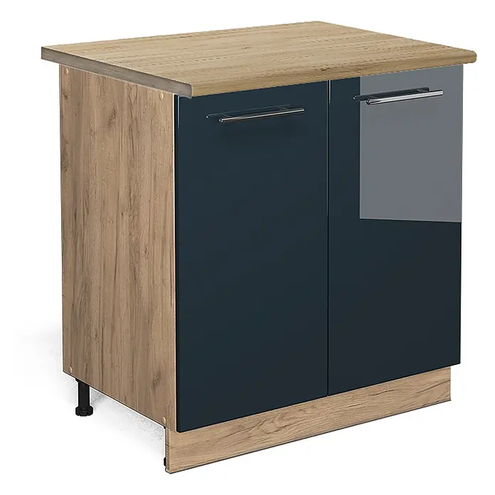 Vicco Schrankküche Fame-Line Dunkelblau Hochglanz mit Regal, AP Eiche - Dunkelblau Hochglanz, Unterschrank 80 cm, AP Eiche - Zweitüriger Küchenunterschrank mit heller Holzmaserung (Platte/Seiten) und dunkelblauen Hochglanztüren mit Metallgriffen.