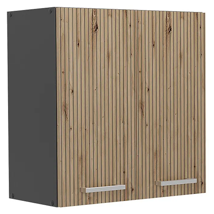 Vicco Schrankküche R-Line Artisan-Eiche - Artisan-Eiche, Hängeschrank 60 cm - Wandschrank mit zwei geriffelten Holzfronten, dunkelgrauen Seiten und silbernen Griffen.
