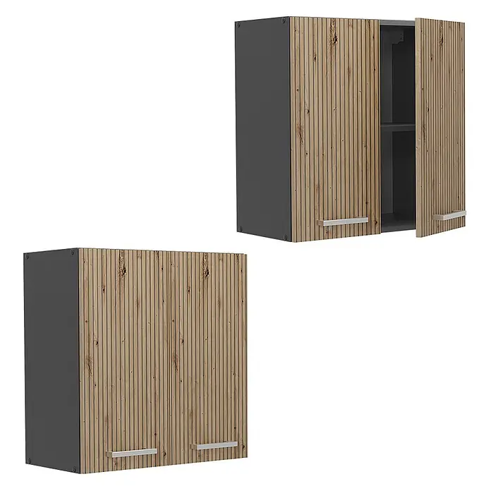 Vicco Schrankküche R-Line Artisan-Eiche - Artisan-Eiche, Hängeschrank 60 cm - Zwei dunkelgraue Hängeschränke mit geriffelten Holztüren und silbernen Griffen. Einer ist offen, zeigt ein Regal.