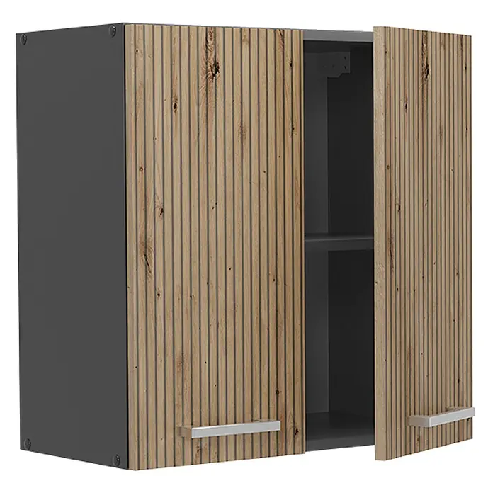 Vicco Schrankküche R-Line Artisan-Eiche - Artisan-Eiche, Hängeschrank 60 cm - Zweitüriger dunkelgrauer Wandschrank mit hellen Holzimitat-Rippentüren und silbernen Griffen, eine Tür offenbart Regalböden.