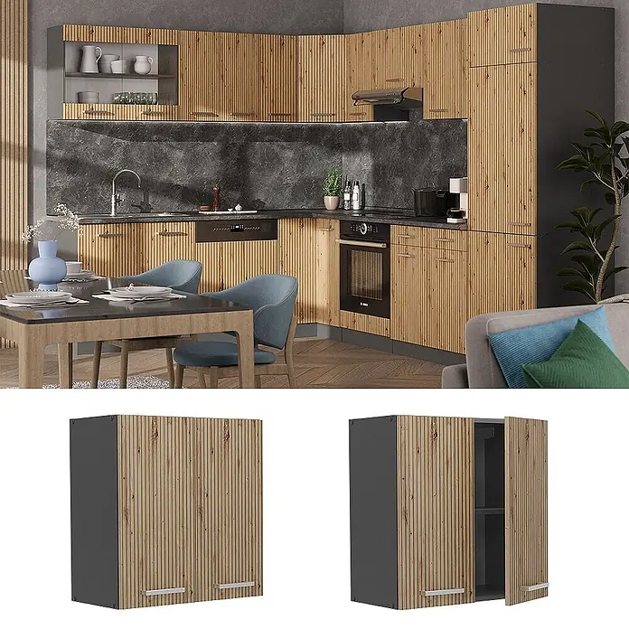 Vicco Schrankküche R-Line Artisan-Eiche - Artisan-Eiche, Hängeschrank 60 cm - Eckküche mit gerillten hellen Holzdekorfronten und dunkelgrauen Akzenten, inklusive Ober- und Unterschränken.