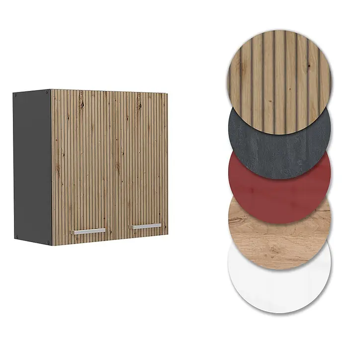 Vicco Schrankküche R-Line Artisan-Eiche - Artisan-Eiche, Hängeschrank 60 cm - Zweitüriger Hängeschrank mit Holzlamellenfronten und dunkelgrauen Seiten, dazu Materialmuster.