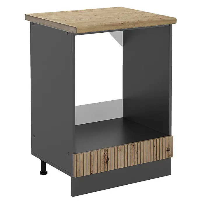Vicco Schrankküche R-Line Artisan-Eiche, AP Eiche - Artisan-Eiche, Herdumbauschrank 60 cm, AP Eiche - Anthrazitfarbener Unterschrank mit offenem Fach, heller Holzplatte und geriffelter Frontleiste.