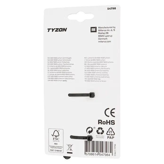 Taschenlampe Stablampe TYZON - Batteriebetrieben, Schwarz, 1.600 lm - Weiße TYZON Taschenlampenverpackung mit schwarzem Befestigungsband.