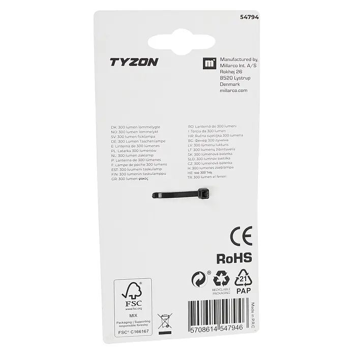 Taschenlampe Stablampe TYZON - Batteriebetrieben, Schwarz, 300 lm - Schwarze 300 Lumen Taschenlampe.
