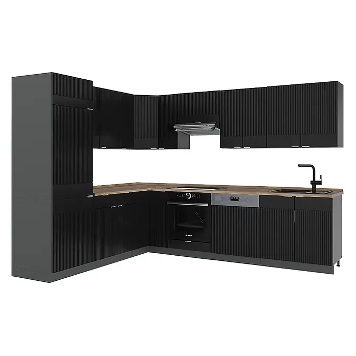 Vicco Eckküche Fame-Line Schwarz gestreift/Anthrazit, AP Eiche - B x T: 287 x 60 cm, Schwarz gestreift, Ohne Elektrogeräte - L-förmige schwarze Küchenzeile mit gerippten Fronten, Holzarbeitsplatte, integriertem Backofen, Kochfeld, Spülmaschine und Spüle.