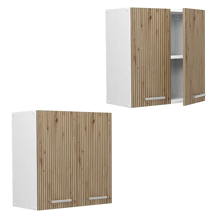 Vicco Schrankküche R-Line Artisan-Eiche - Artisan-Eiche, Hängeschrank 60 cm - Zwei weiße Wandschränke mit geriffelten Holzdekor-Türen und silbernen Griffen. Einer ist offen mit einem Regal.