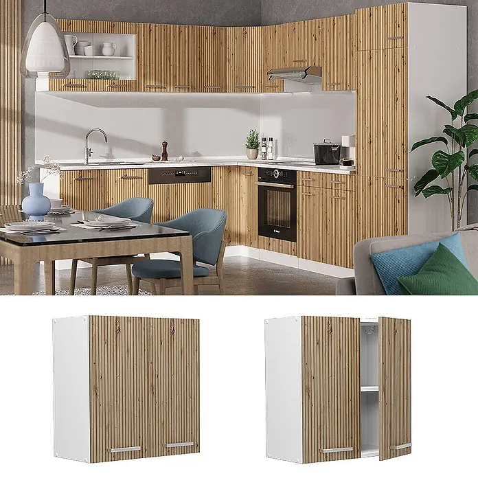 Vicco Schrankküche R-Line Artisan-Eiche - Artisan-Eiche, Hängeschrank 60 cm - L-förmige Küche mit Lamellenschranktüren aus Naturholz und weißen Seitenwänden.