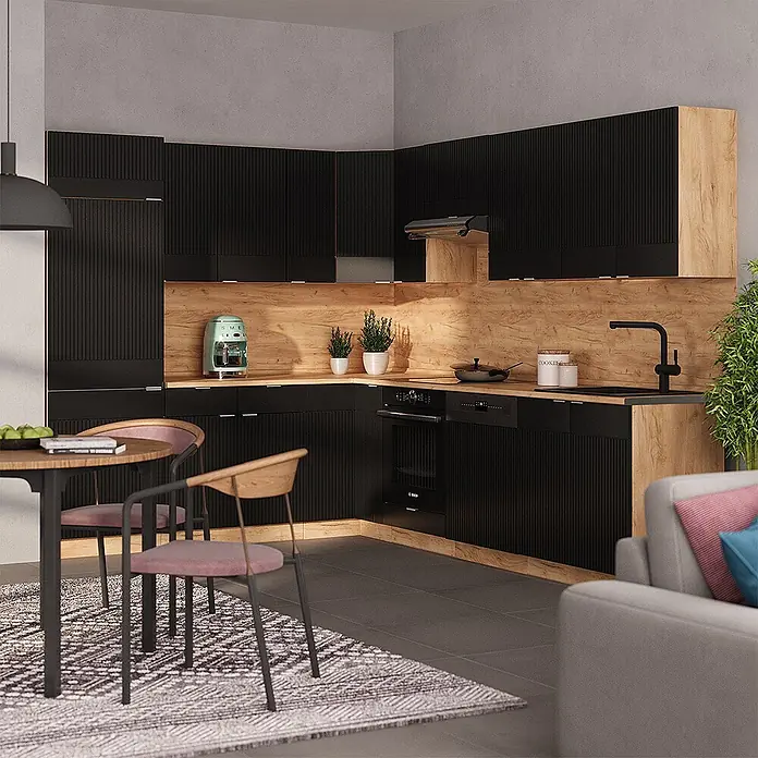 Vicco Eckküche Fame-Line Schwarz gestreift/Goldkraft Eiche ohne Arbeitsplatte - B x T: 287 x 46 cm, Schwarz gestreift, Ohne Elektrogeräte - Moderne L-förmige Küche mit schwarzen geriffelten Schränken und hellen Holz-Arbeitsplatten/Rückwand im Essbereich.
