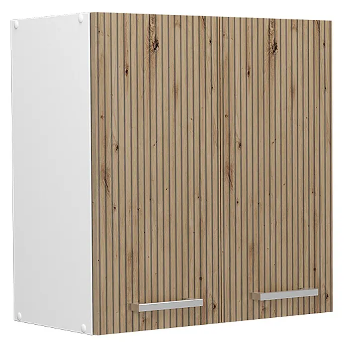 Vicco Schrankküche R-Line Artisan-Eiche - Artisan-Eiche, Hängeschrank 60 cm - Weißer Wandschrank mit hellbraunen geriffelten Holzdekor-Türen und silbernen Griffen.