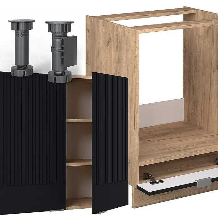 Vicco Eckküche Fame-Line Schwarz gestreift/Goldkraft Eiche ohne Arbeitsplatte - B x T: 287 x 46 cm, Schwarz gestreift, Ohne Elektrogeräte - Modulare Küchenschrankteile: heller Holzkorpus, schwarze Lamellentüren, verstellbare graue Beine, Einlegeböden.