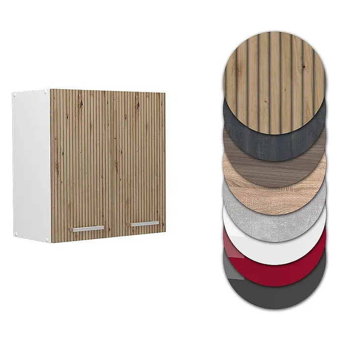 Vicco Schrankküche R-Line Artisan-Eiche - Artisan-Eiche, Hängeschrank 60 cm - Hängeschrank mit weißem Korpus, geriffelten hellen Holztüren und Metallgriffen, dazu Materialmuster.