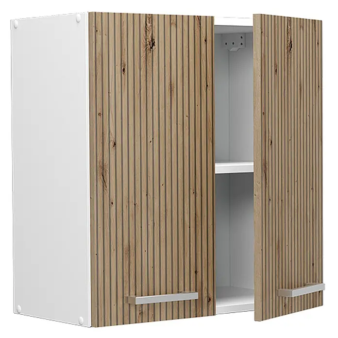 Vicco Schrankküche R-Line Artisan-Eiche - Artisan-Eiche, Hängeschrank 60 cm - Zweitüriger Hängeschrank mit weißem Korpus und strukturierten Holzdekor-Türen mit silbernen Griffen. Eine Tür offen, zeigt ein Regal.