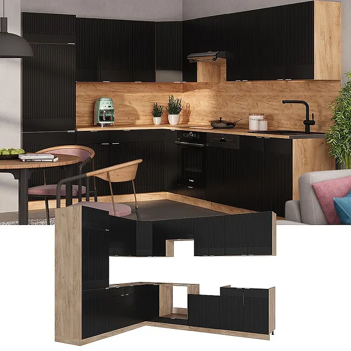 Vicco Eckküche Fame-Line Schwarz gestreift/Goldkraft Eiche ohne Arbeitsplatte - B x T: 287 x 46 cm, Schwarz gestreift, Ohne Elektrogeräte - L-förmige Küche mit schwarzen gerippten Schränken und hellen Holz-Akzenten, montiert und als Moduleinheiten gezeigt.