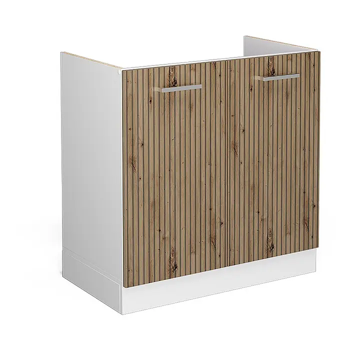 Vicco Schrankküche R-Line Artisan-Eiche ohne Arbeitsplatte - Artisan-Eiche, Spülenunterschrank 80 cm - Weißer Unterschrank mit zwei Türen in geriffelter Holzoptik und silbernen Griffen.