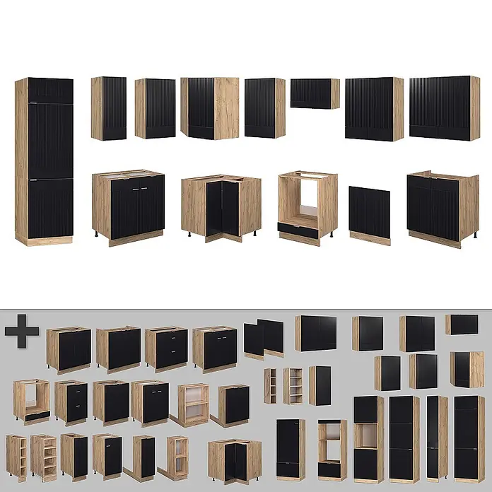 Vicco Eckküche Fame-Line Schwarz gestreift/Goldkraft Eiche ohne Arbeitsplatte - B x T: 287 x 46 cm, Schwarz gestreift, Ohne Elektrogeräte - Sammlung modularer Küchenschränke mit hellen Holzrahmen und schwarzen geriffelten Fronten.
