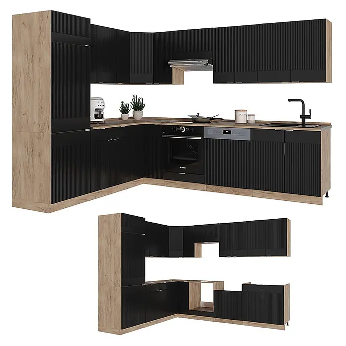 Vicco Eckküche Fame-Line Schwarz gestreift/Goldkraft Eiche ohne Arbeitsplatte - B x T: 287 x 46 cm, Schwarz gestreift, Ohne Elektrogeräte - Modulare Eckküche mit schwarzen Rillenfronten und Eichenholz-Elementen, inkl. Geräten.