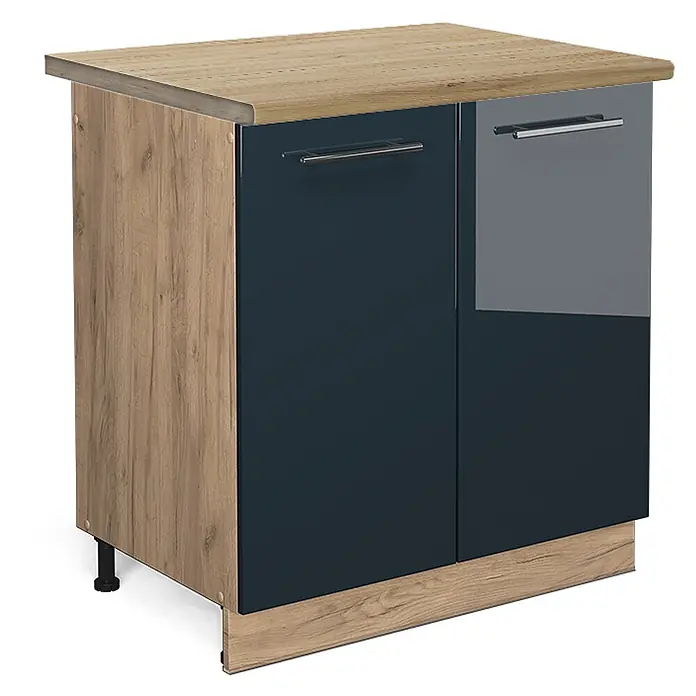 Vicco Schrankküche Fame-Line Dunkelblau Hochglanz, AP Eiche - Dunkelblau Hochglanz, Spülenunterschrank 80 cm, AP Eiche - Zweitüriger Schrank mit heller Holzmaserungsplatte und -seiten, dunkelblauen Hochglanztüren mit silbernen Griffen und passendem Sockel.