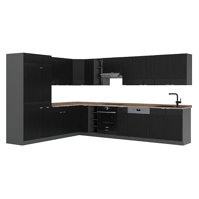 Vicco Eckküche Fame-Line Schwarz gestreift/Anthrazit, AP Eiche - B x T: 347 x 60 cm, Schwarz gestreift, Ohne Elektrogeräte - L-förmige Küche mit dunkelgrauen geriffelten Schränken, Holzplatte, integriertem Backofen, Kochfeld, Geschirrspüler, Spüle und Dunstabzugshaube.