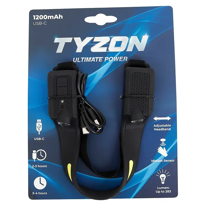 Stirnlampe TYZON mit LED-Lichtband - 35 lm - 283 lm - Schwarze TYZON Stirnlampe mit gelben Akzenten, USB-C-Ladefunktion, Bewegungssensor und verstellbarem Kopfband, in blauer Verkaufsverpackung.