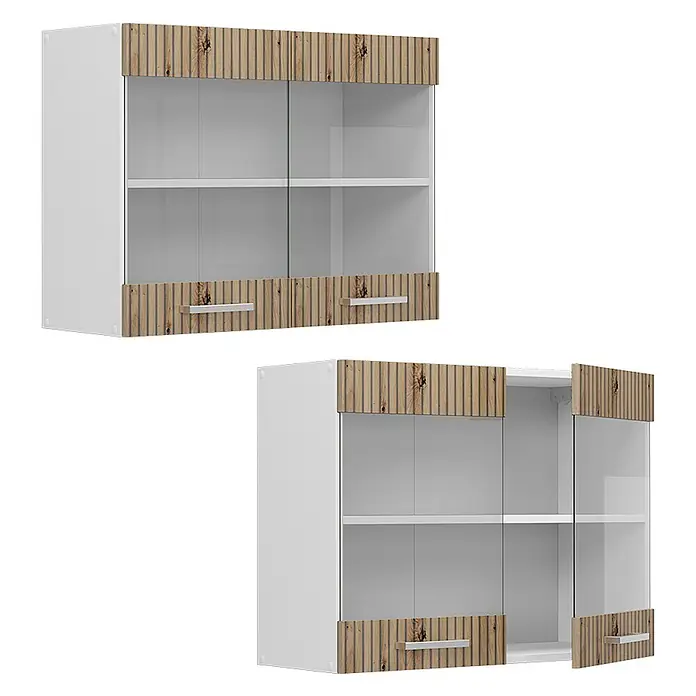 Vicco Schrankküche R-Line Artisan-Eiche - Artisan-Eiche, Hängeglasschrank 80 cm - Weiße Hängeschränke mit Glastüren und Holzverkleidung. Ein Schrank ist geschlossen, der andere leicht geöffnet.