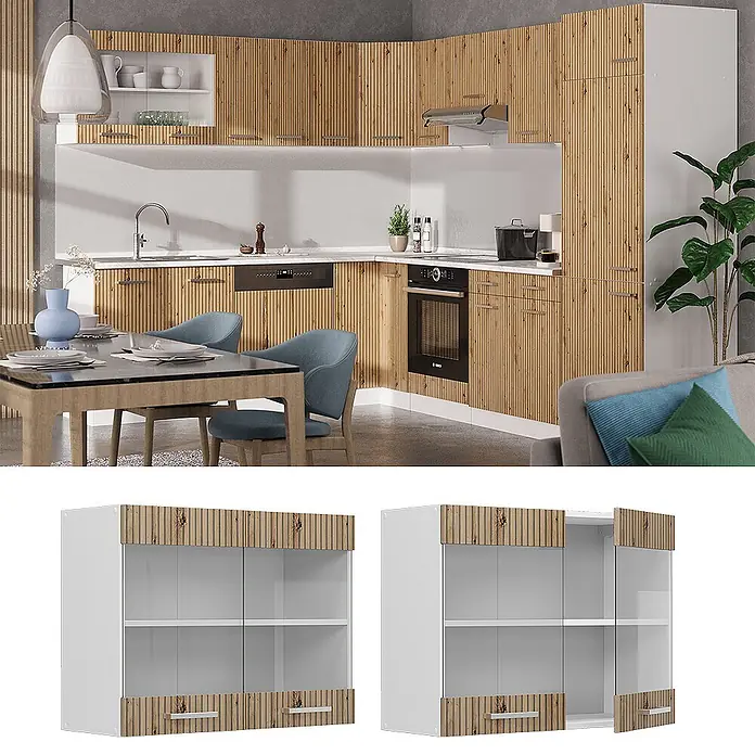 Vicco Schrankküche R-Line Artisan-Eiche - Artisan-Eiche, Hängeglasschrank 80 cm - Moderne Küche mit Lamellenholzschränken, weißen Arbeitsplatten und Einbaugeräten. Inklusive Wandschrank mit Glastüren.