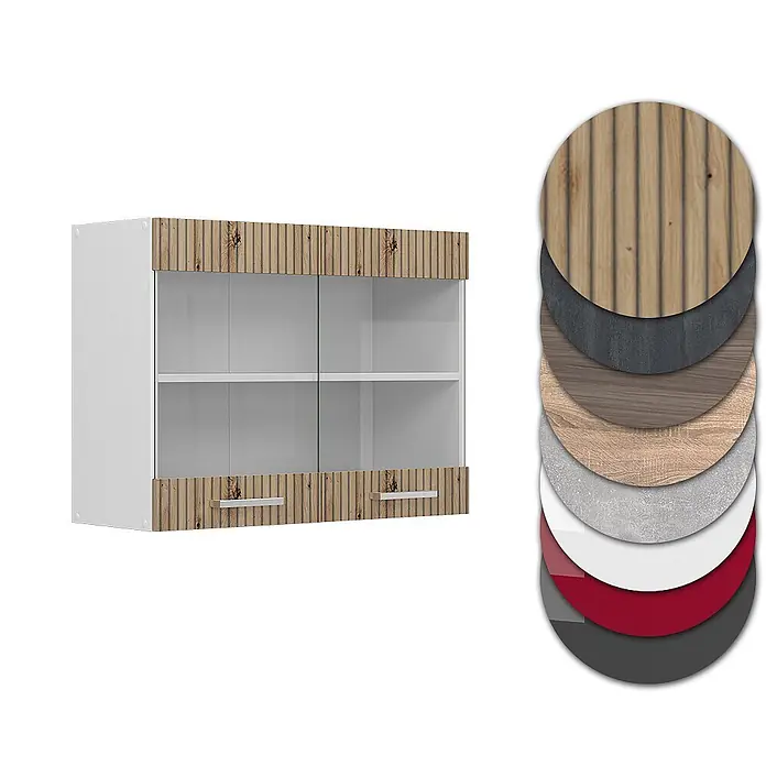Vicco Schrankküche R-Line Artisan-Eiche - Artisan-Eiche, Hängeglasschrank 80 cm - Weißer Wandschrank mit Glastüren, Holzlamellen, silbernen Griffen und wählbaren Materialoptionen.
