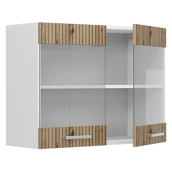 Vicco Schrankküche R-Line Artisan-Eiche - Artisan-Eiche, Hängeglasschrank 80 cm - Weißer Wandschrank mit Glastüren und Lamellenakzenten aus Naturholz. Eine Tür ist leicht geöffnet und zeigt ein Regal.