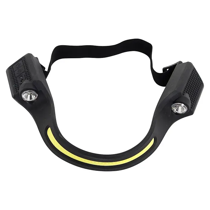 Stirnlampe TYZON mit LED-Lichtband - 35 lm - 283 lm - Flexibles schwarzes Umhänge-Licht mit zwei LED-Lampen, einem gelben Streifen und einem schwarzen Gummiband.
