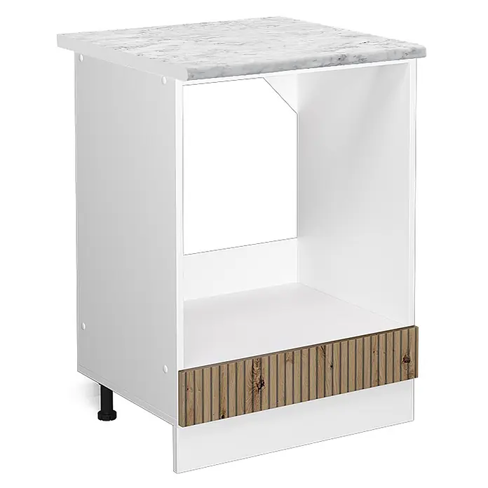 Vicco Schrankküche R-Line Artisan-Eiche, AP Marmor - Artisan-Eiche, Herdumbauschrank 60 cm, AP Marmor - Weißer Küchenunterschrank mit Marmor-Arbeitsplatte, offenem Fach für Gerät und gerillter Holzblende.
