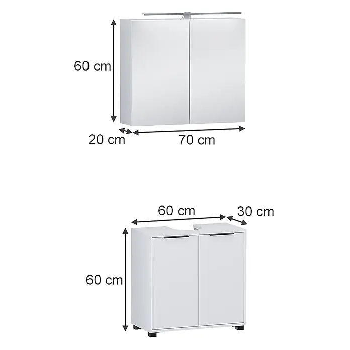 Vicco Badmöbel-Set Alina Weiß 2 Teile - Weiß, Sonstiges - Weißes Badmöbel-Set mit Spiegelschrank (H60 B70 T20 cm) und Waschtischunterschrank (H60 B60 T30 cm).
