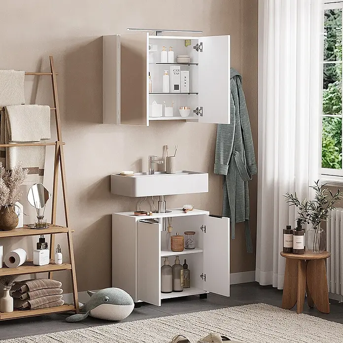 Vicco Badmöbel-Set Alina Weiß 2 Teile - Weiß, Sonstiges - Weißer, wandmontierter Spiegelschrank über passendem Unterschrank mit Waschbecken, ideal für moderne Badezimmeraufbewahrung.