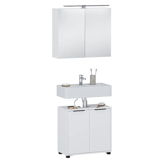 Vicco Badmöbel-Set Alina Weiß 2 Teile - Weiß, Sonstiges - Modernes weißes Badmöbelset: Spiegelschrank mit Beleuchtung, Waschbecken mit Armatur und Unterschrank.