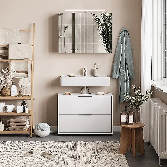 Vicco Badmöbel-Set Alina Weiß 2 Teile - Weiß, Sonstiges - Weißer Badunterschrank mit integriertem Waschbecken und passendem Spiegelschrank in einem modernen Bad.