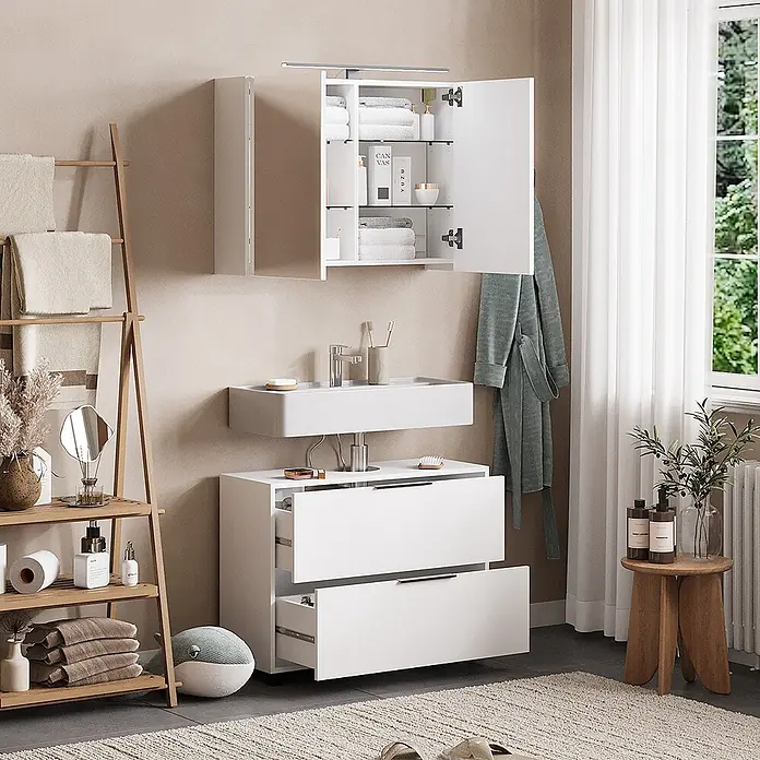 Vicco Badmöbel-Set Alina Weiß 2 Teile - Weiß, Sonstiges - Weißer wandmontierter Badschrank mit Waschbecken, zwei Schubladen und passendem Wandschrank zur Aufbewahrung.