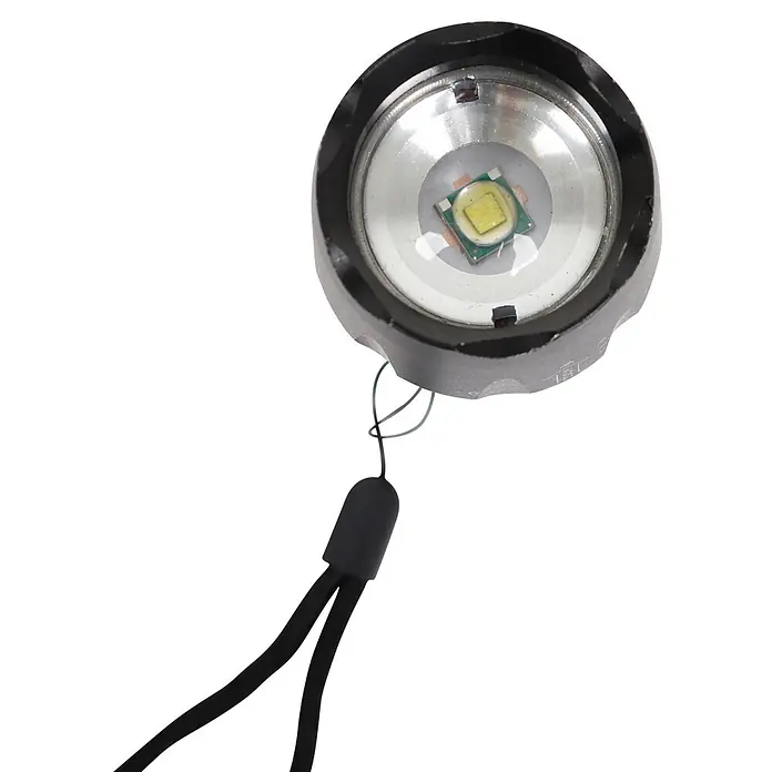 Taschenlampe Stablampe TYZON - Batteriebetrieben, Schwarz, 300 lm - Schwarzer Metall-Taschenlampenkopf mit sichtbarer LED-Birne und angebrachtem schwarzem Handgelenkband.