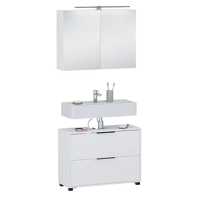 Vicco Badmöbel-Set Alina Weiß 2 Teile - Weiß, Sonstiges - Weißes Badmöbel-Set mit Spiegelschrank, Waschbecken und Unterschrank mit zwei Schubladen.